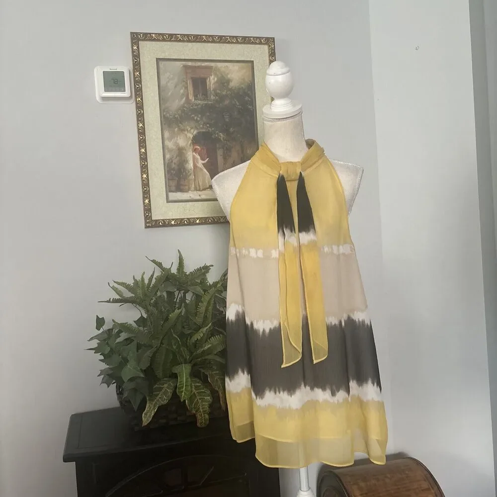 Style & Co. Yellow Cream and Gray Striped Tie-Neck Halter Blouse